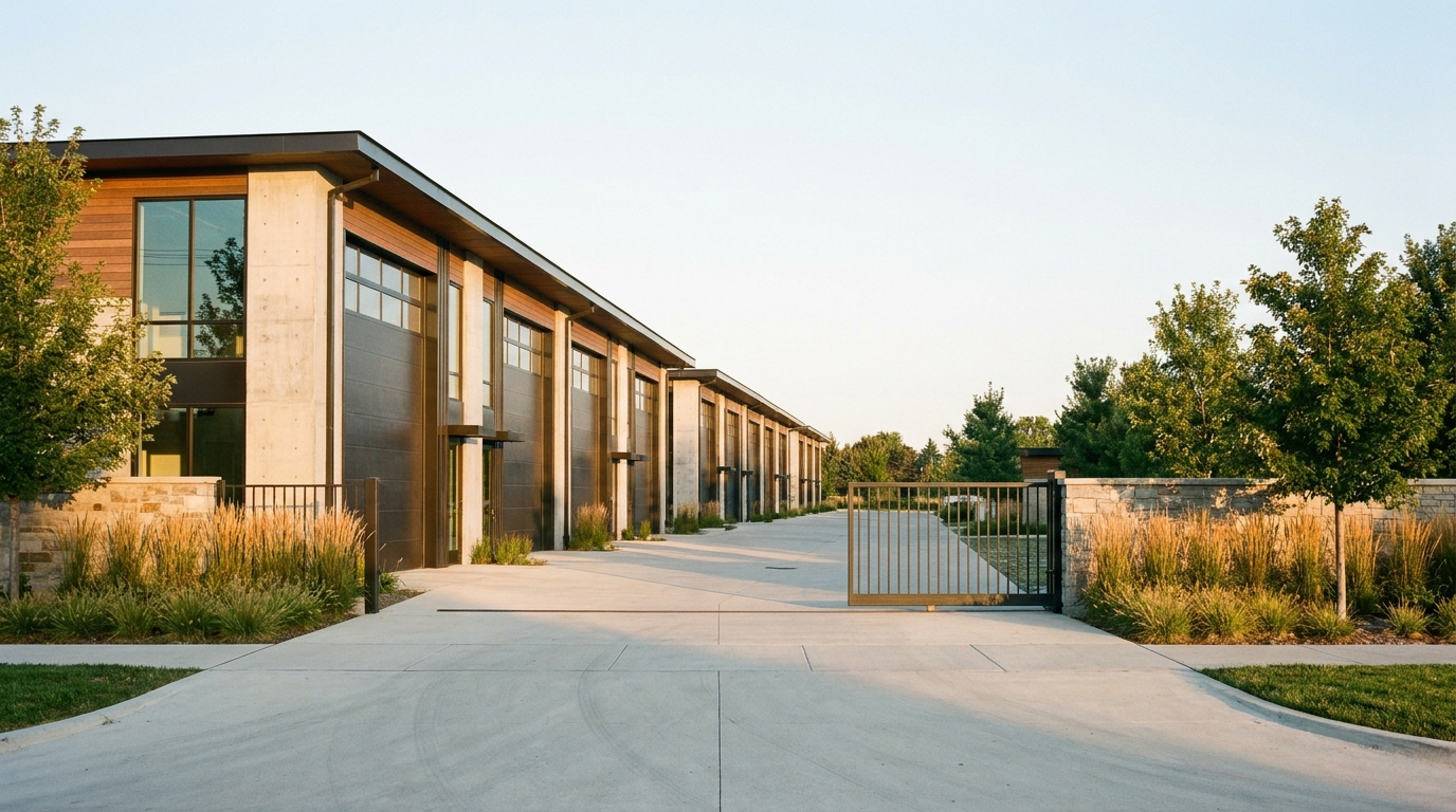 Exterior of a gated garage condo development with private units and drive aisle