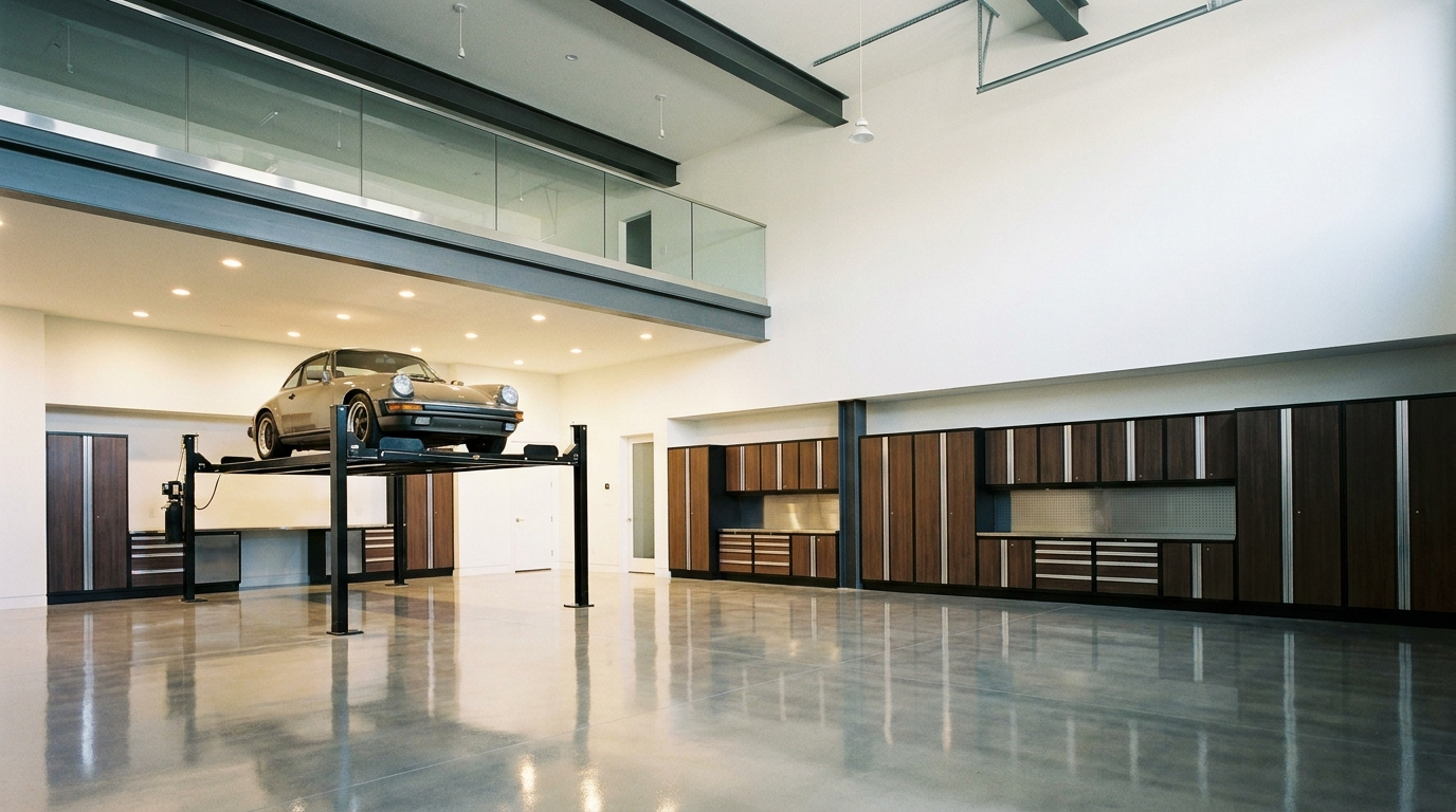 Garage condo interior with a four-post car lift, cabinetry and a mezzanine level