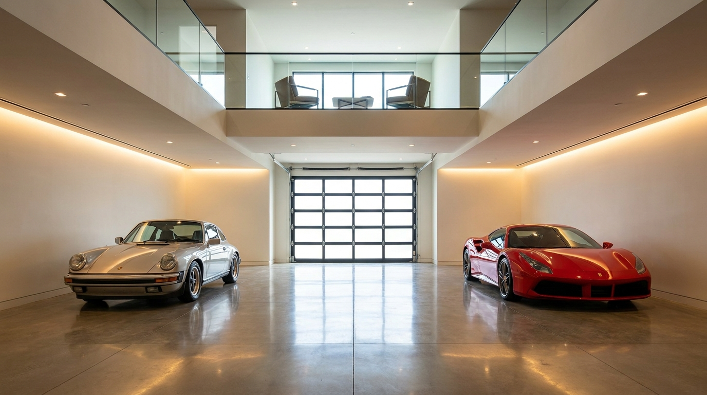 Interior of a garage condo with collector cars and a mezzanine loft above
