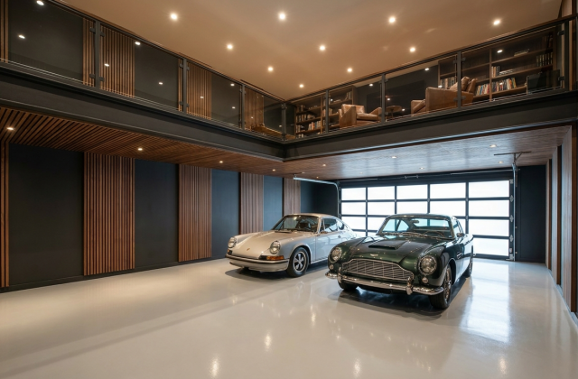 Interior of a private garage condo with mezzanine lounge and two collector cars