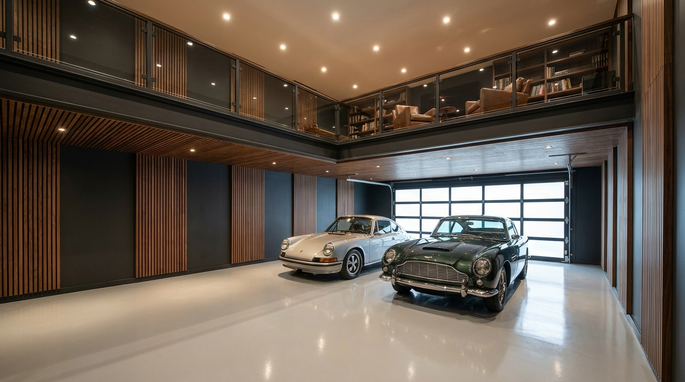 Interior of a private garage condo with mezzanine lounge and two collector cars