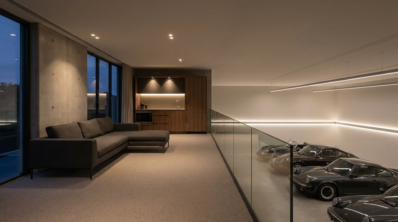 Motor suite loft lounge and kitchenette overlooking a garage condo below